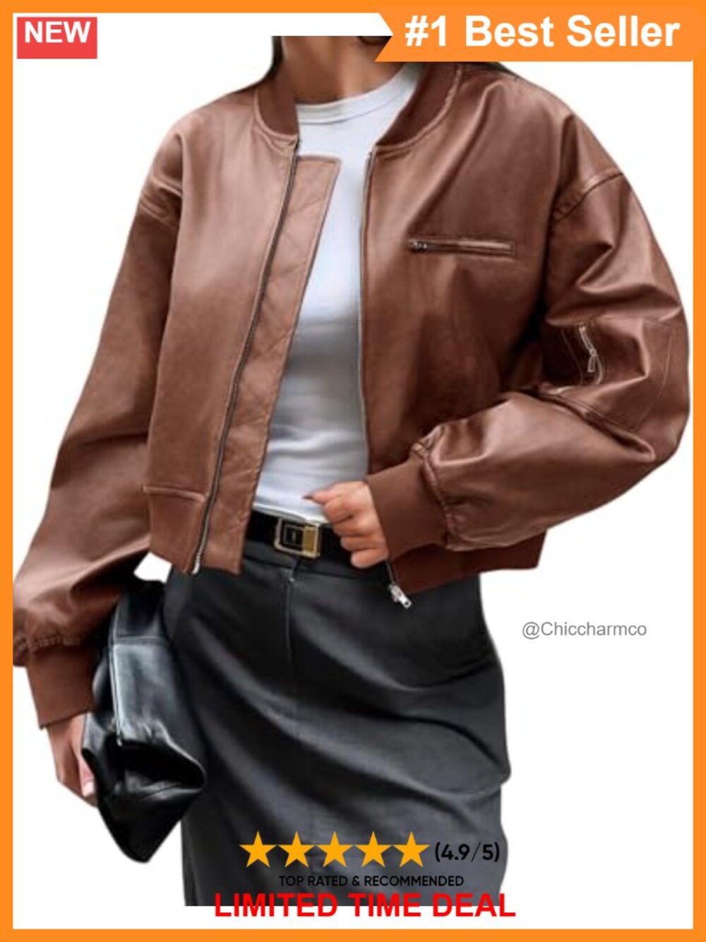Faux Leather Bomber Jacket Cropped Biker Coat with Pockets